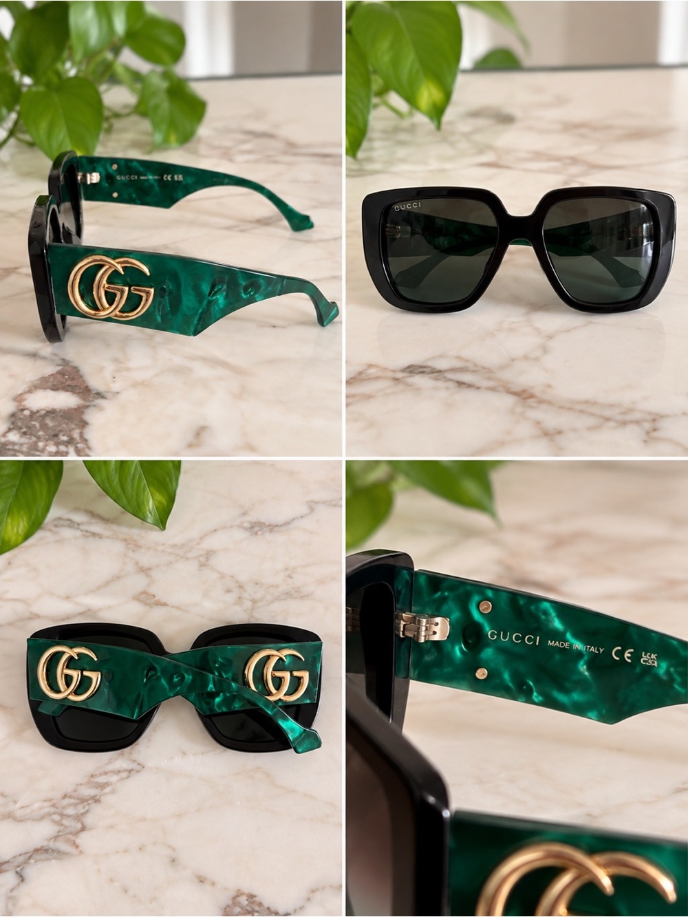 Gucci Green Marble Acetate Square Sunglasses with Gold GG